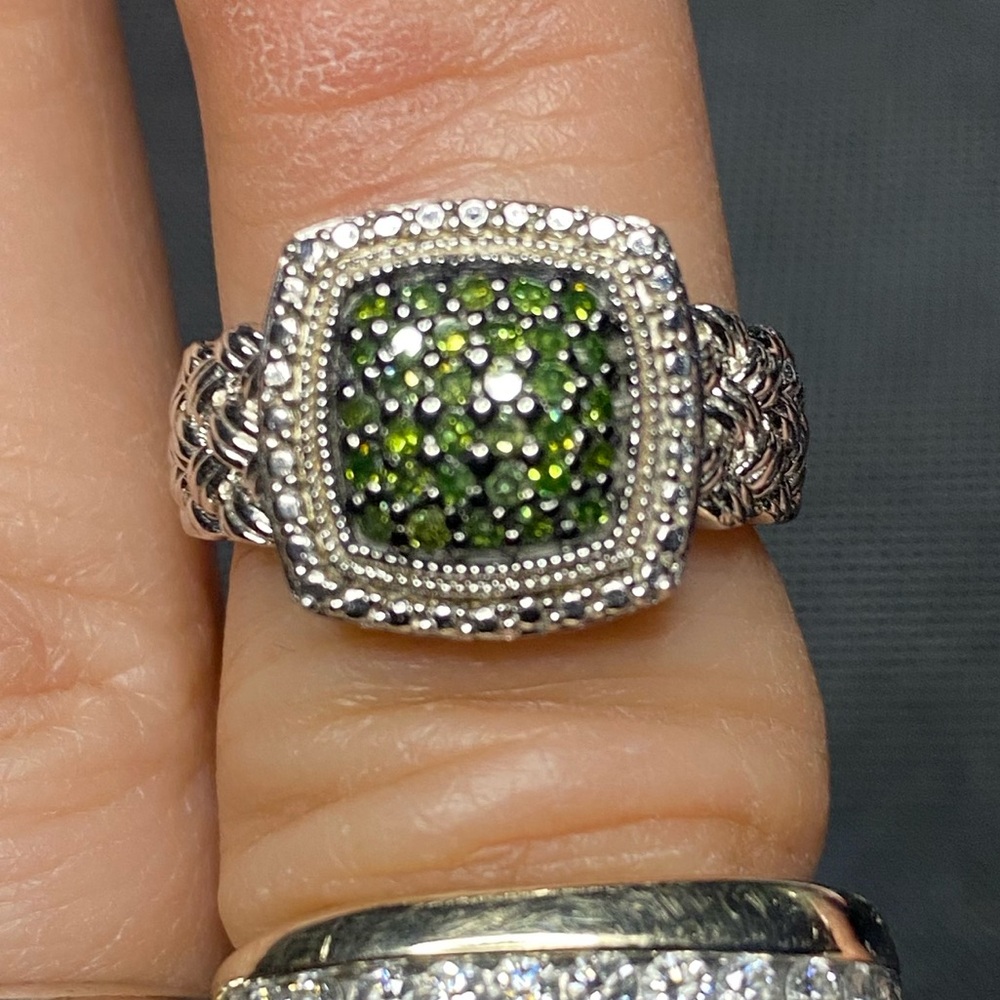 White and velvet green pave diamond ring set in .925 silver 
Maker mark JS